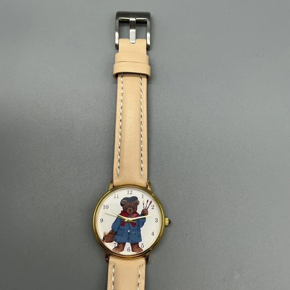 Womens Watch 33mm Brown Bear Dial Gold Tone Beige Leather Strap New Battery